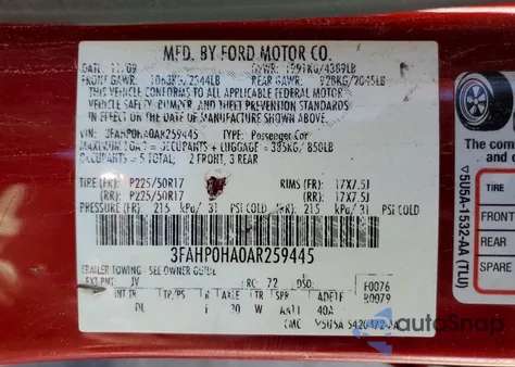 2010 Ford Fusion Se z USA, uszkodzony, nr VIN 3FAHP0HA0AR259445